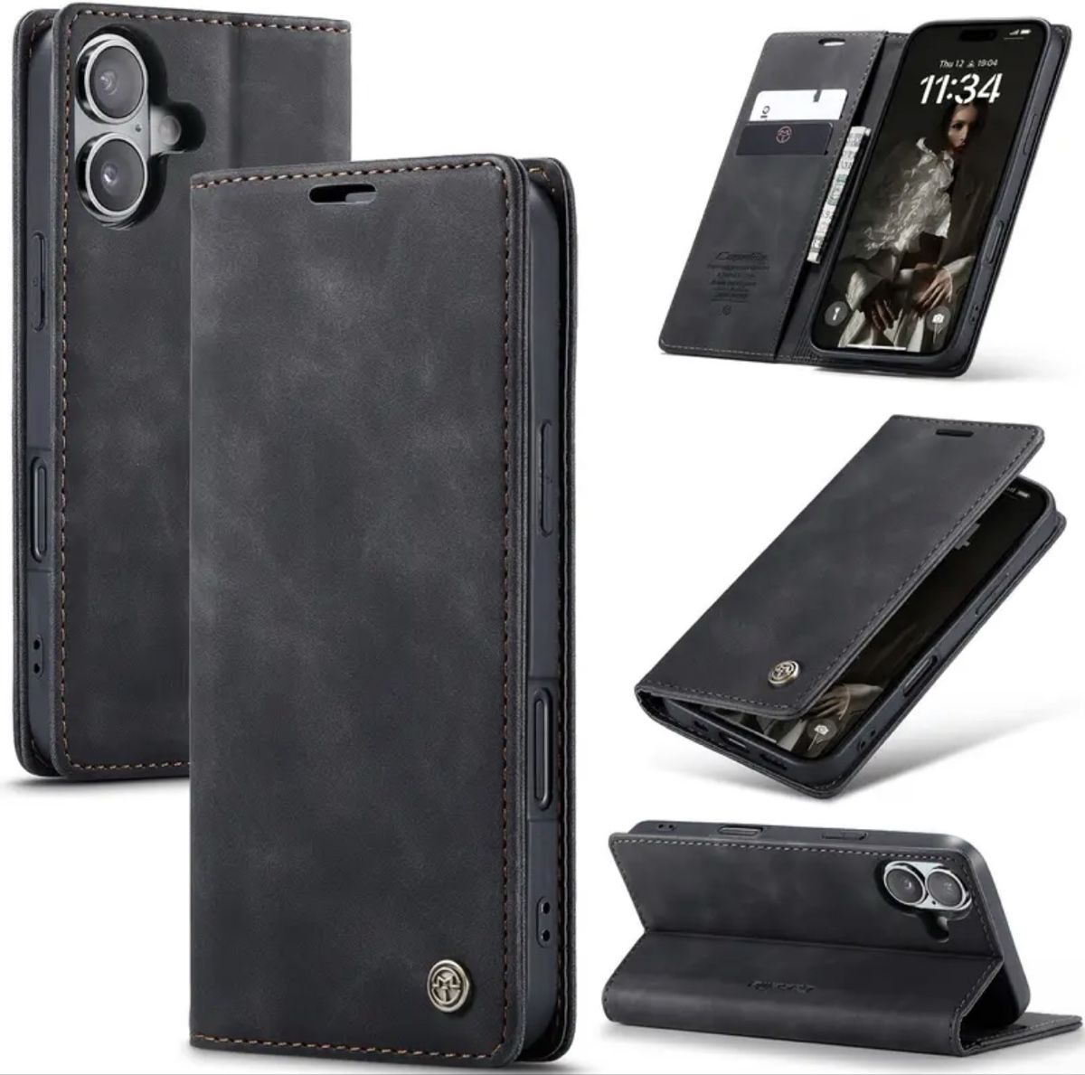 iPhone 17 Leder Flip Hülle Wallet Schwarz Magnet