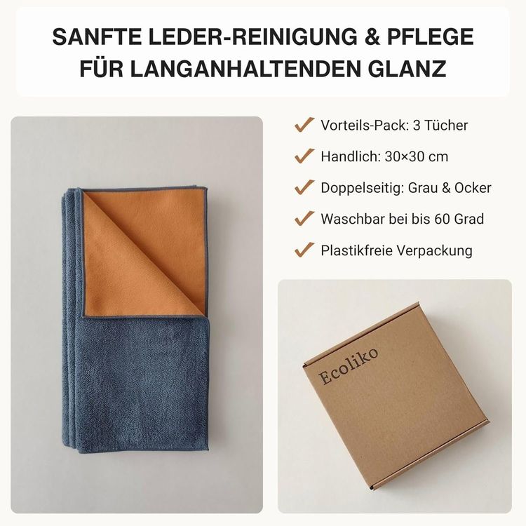 3x Lederpflegetücher Mikrofaser 2-in-1 30x30 cm