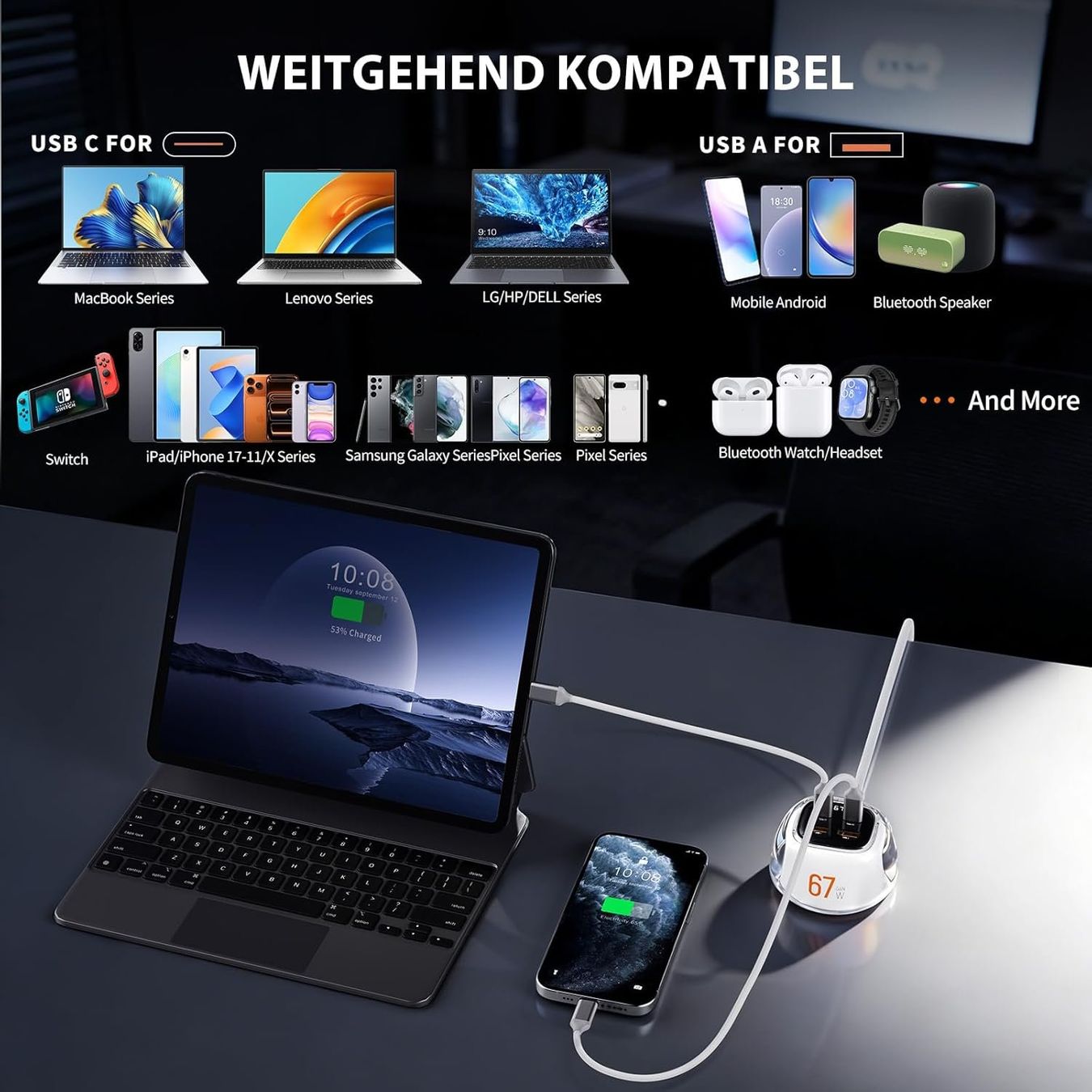 67W GaN USB Ladegerät 4-Port USB-C & USB-A PD – Produktbild 7