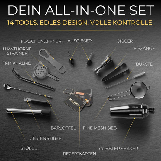 Cocktail Shaker Set 14-teilig Schwarz mit Rezeptkarten
