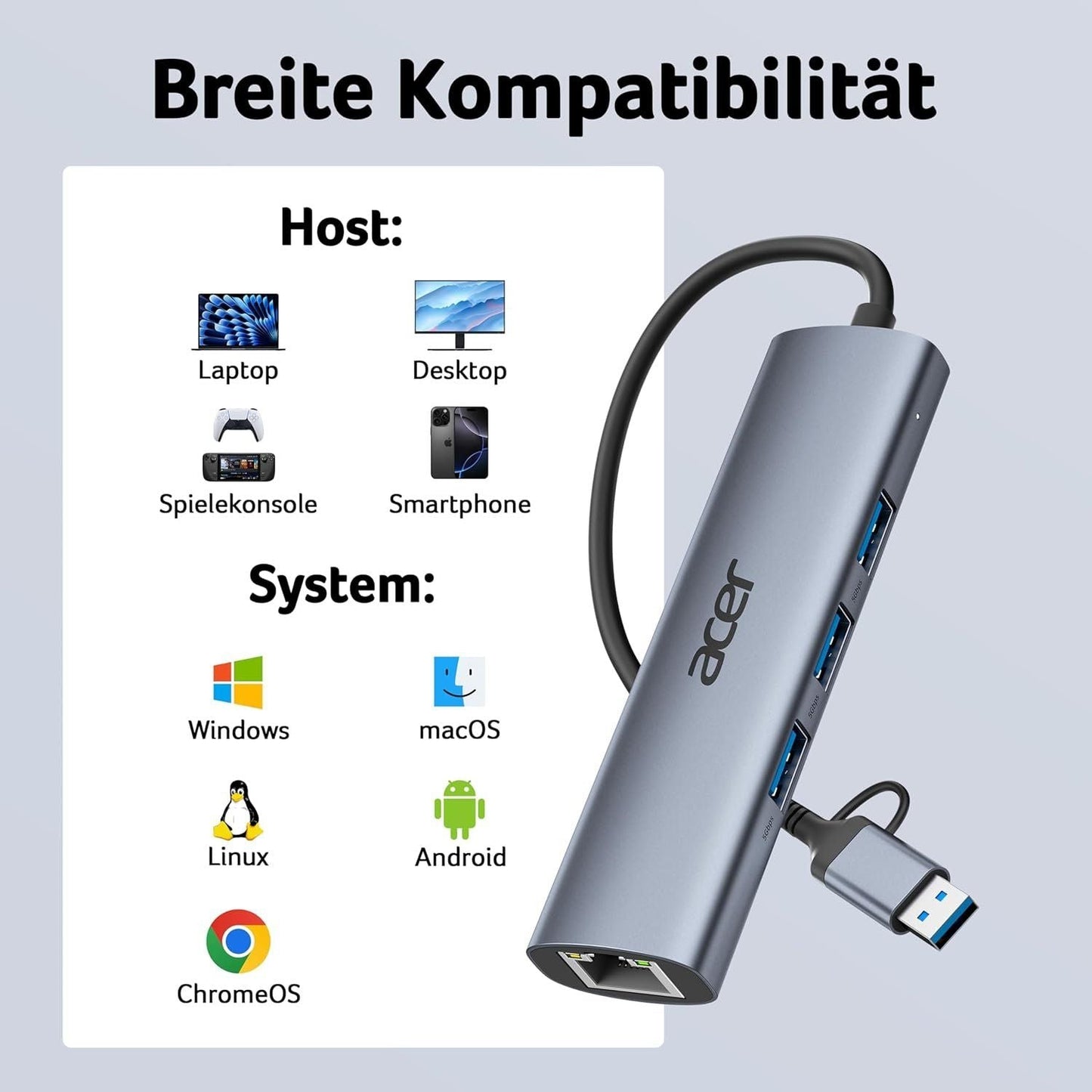 acer USB-C/A Hub – 3× USB 3.0 + Gigabit LAN – Bild 5