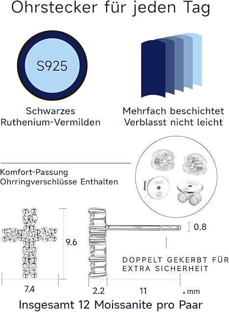 Moissanit Kreuz Ohrstecker 925 Silber – hypoallergen