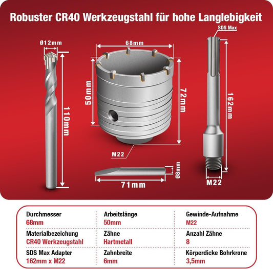 SDS Max Bohrkrone 68mm Beton Steckdose – Bild 2