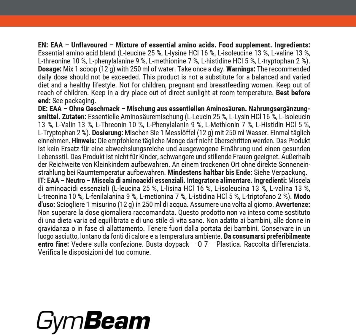 GymBeam EAA Pulver 250 g – Aminosäuren ohne Geschmack – Bild 4