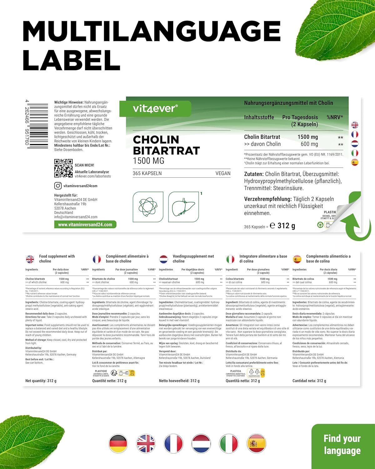 Cholin Kapseln 1500 mg 365 Stück vegan Langzeitvorrat – Bild 6