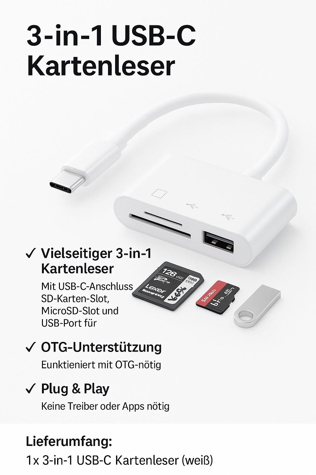 3-in-1 USB-C Kartenleser – SD, MicroSD & USB OTG – Bild 2