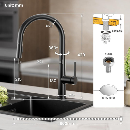 Küchenarmatur Schwarz ausziehbar 360° G3/8 – Bild 2