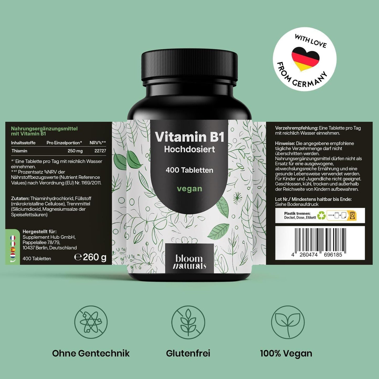 Vitamin B1 250 mg – 400 vegane Tabletten, Made in Germany – Bild 2