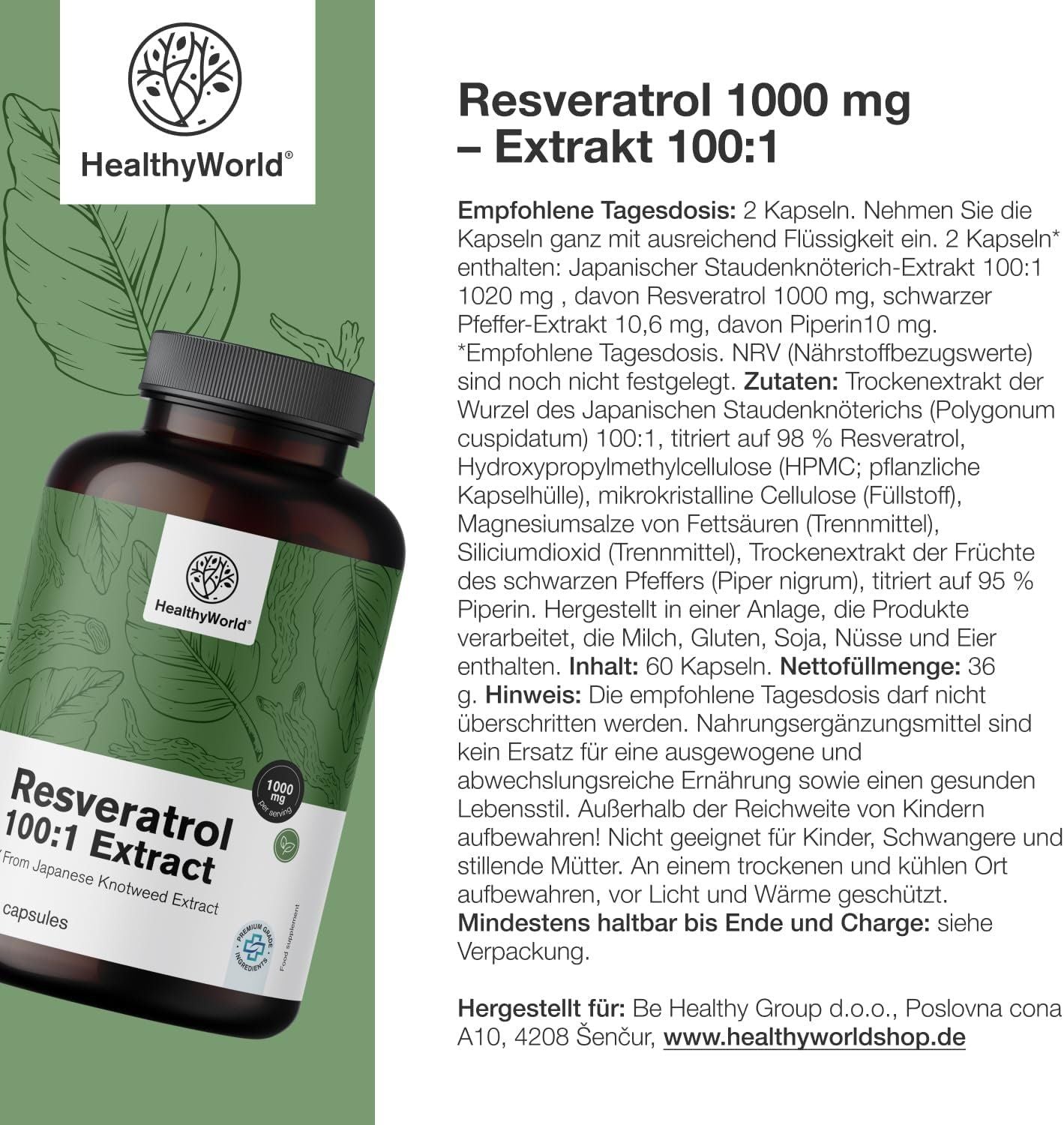 Resveratrol 1000mg – 98% Extrakt + Piperin, 60 Kapseln – Bild 2