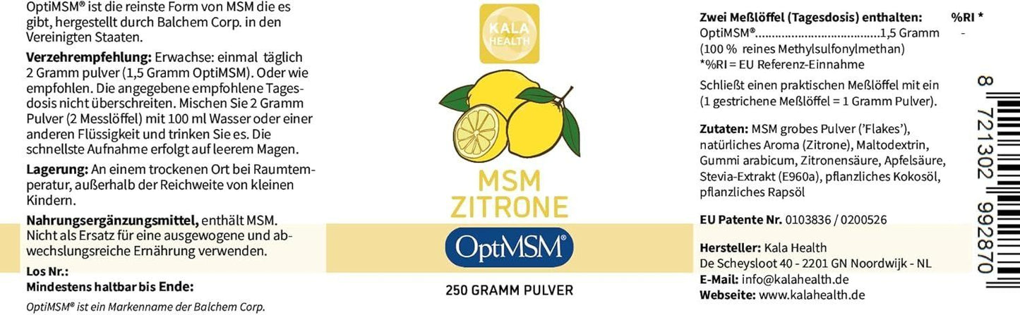 Kala Health MSM Pulver Zitrone OptiMSM 250 g Schwefelpulver – Bild 2