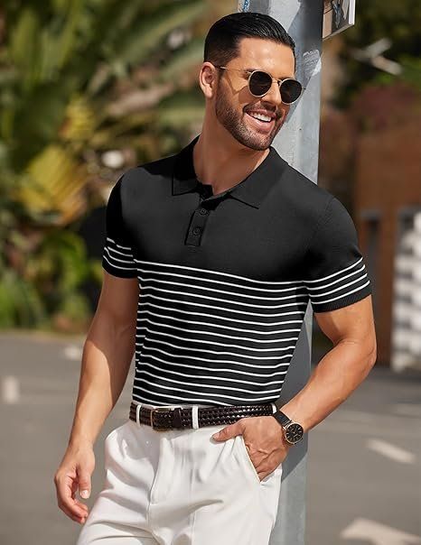 COOFANDY Herren Strick Poloshirt gestreift Kurzarm – Bild 2