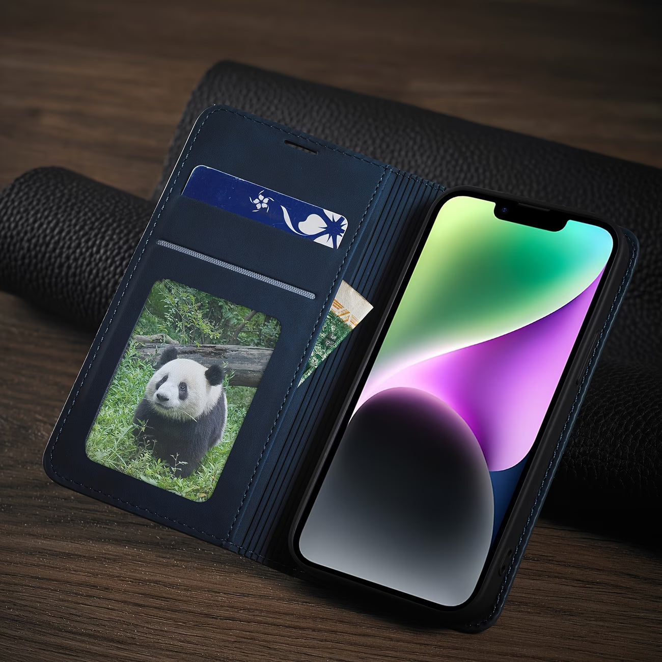 iPhone Leder Klapphülle Blau mit Kartenfach Magnet