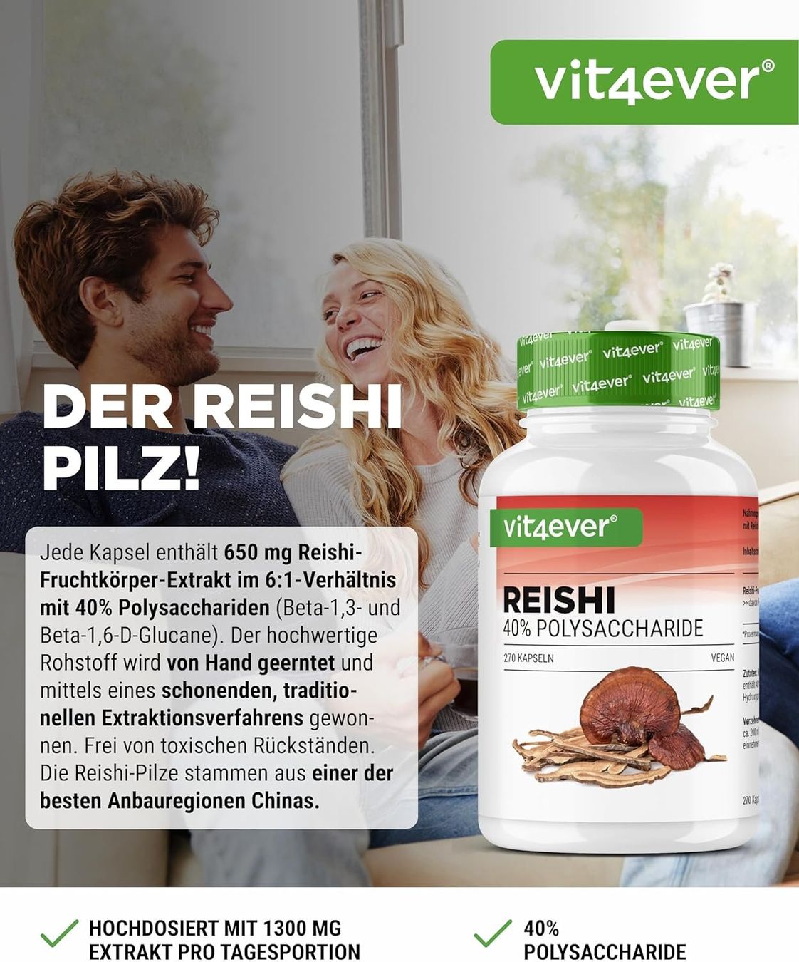 Reishi Pilz Extrakt 1300 mg – 270 vegane Kapseln