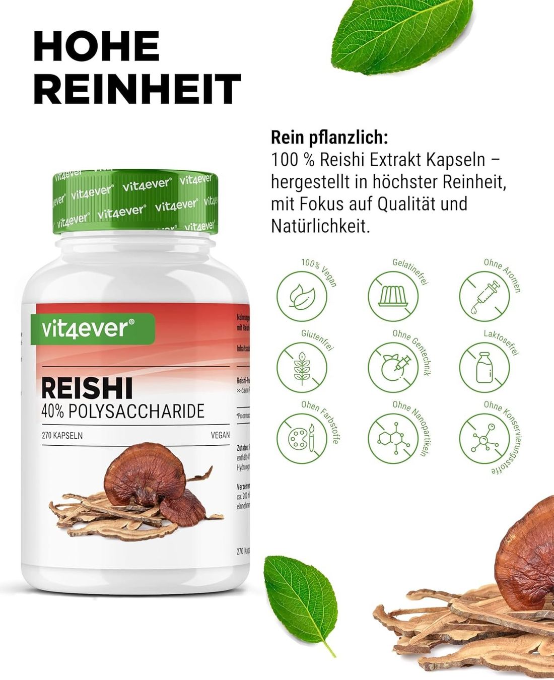 Reishi Pilz Extrakt 1300 mg – 270 vegane Kapseln