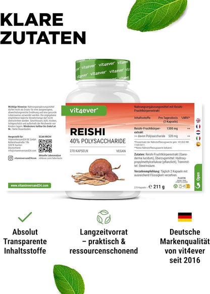 Reishi Pilz Extrakt 1300 mg – 270 vegane Kapseln