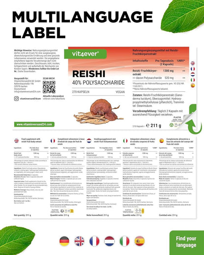 Reishi Pilz Extrakt 1300 mg – 270 vegane Kapseln