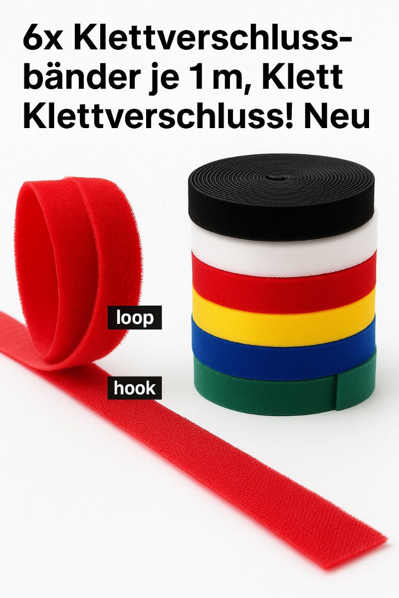 6x Klett-Kabelbinder je 1m – Bunt, Wiederverwendbar