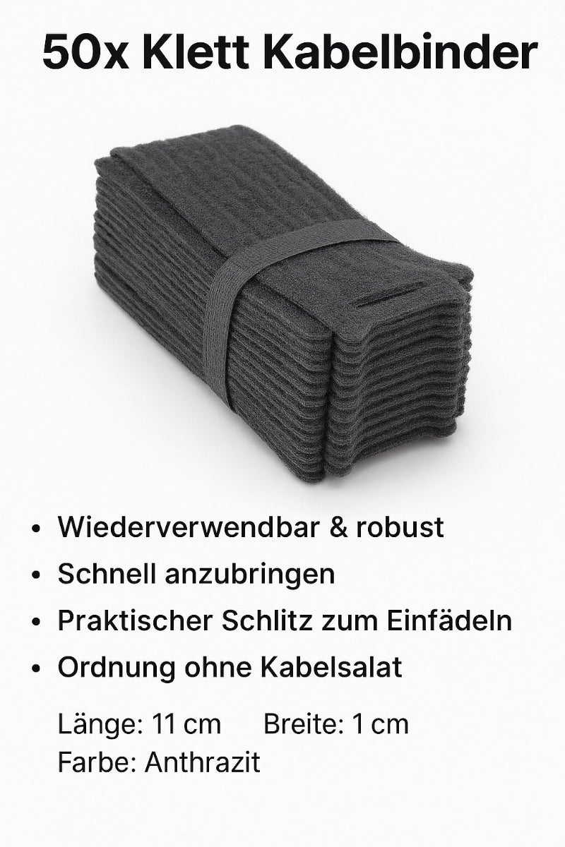 50x Klett-Kabelbinder 11 cm Anthrazit – Wiederverwendbar