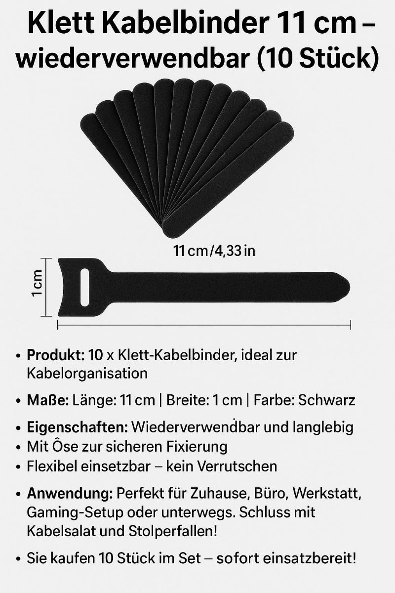 10x Klett-Kabelbinder 11 cm Schwarz – Wiederverwendbar