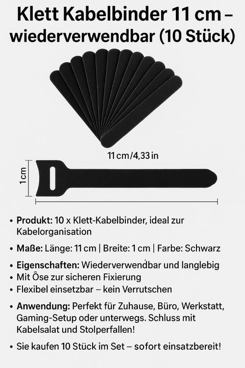 10x Klett-Kabelbinder 11 cm Schwarz – Wiederverwendbar