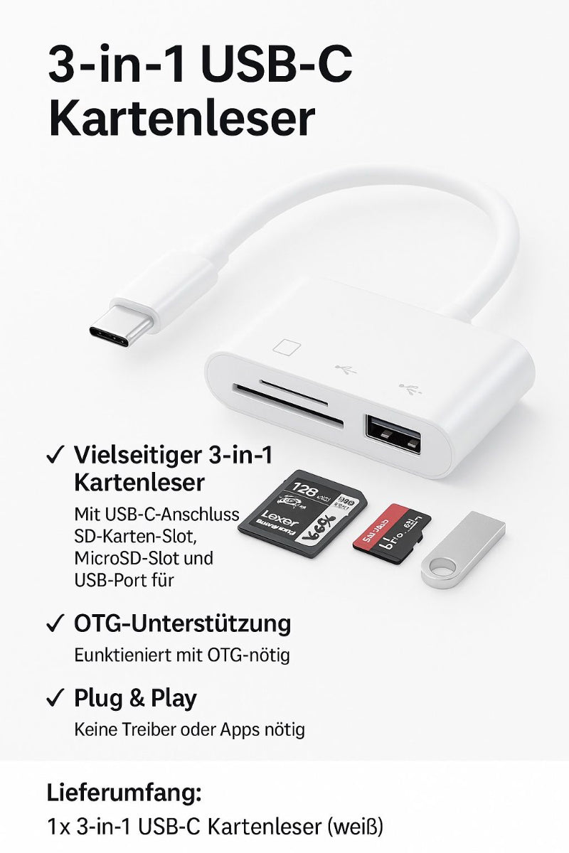 3-in-1 USB-C Kartenleser – SD, MicroSD & USB OTG