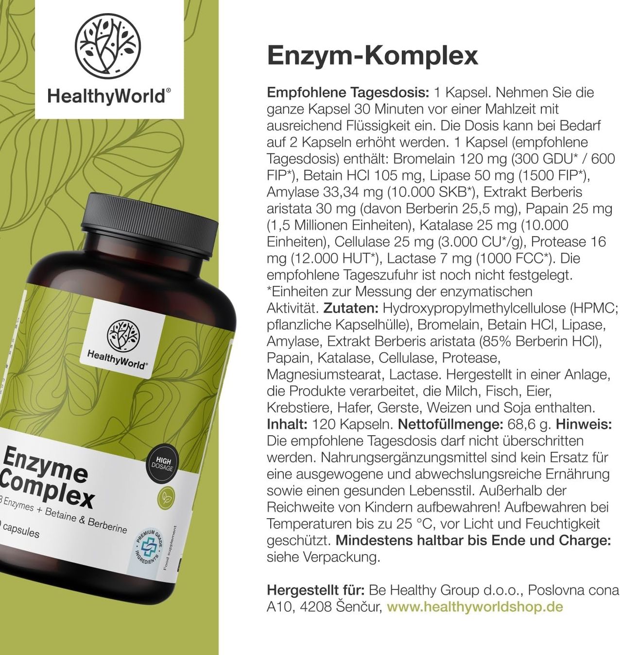 Enzym Komplex 120 Kapseln – 8 Enzyme mit Berberin