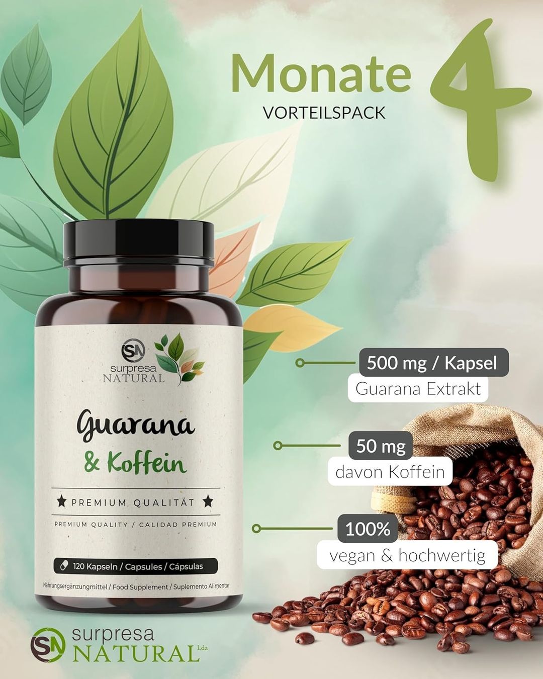 Guarana & Koffein Kapseln 500 mg Extrakt 120 Stück vegan