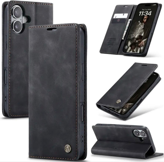 iPhone 17 Leder Flip Hülle Wallet Schwarz Magnet
