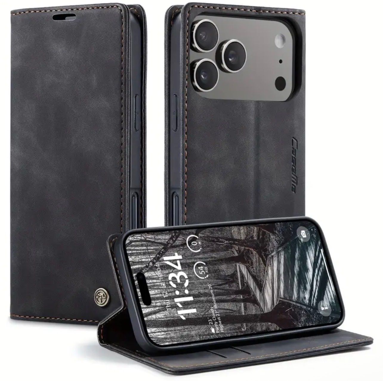 iPhone 17 Pro Max Leder Flip Hülle Wallet Schwarz