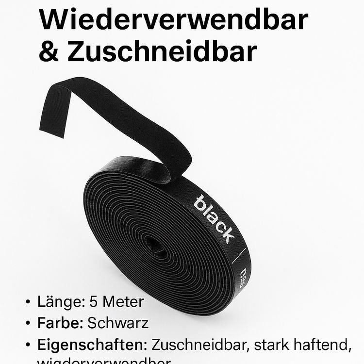Klett-Kabelband 5m Schwarz – Zuschneidbar & Wiederverwendbar