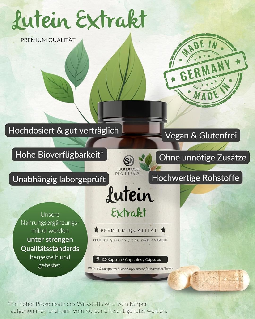 Lutein Kapseln 25 mg | Augen Vitamine | 120 Stk