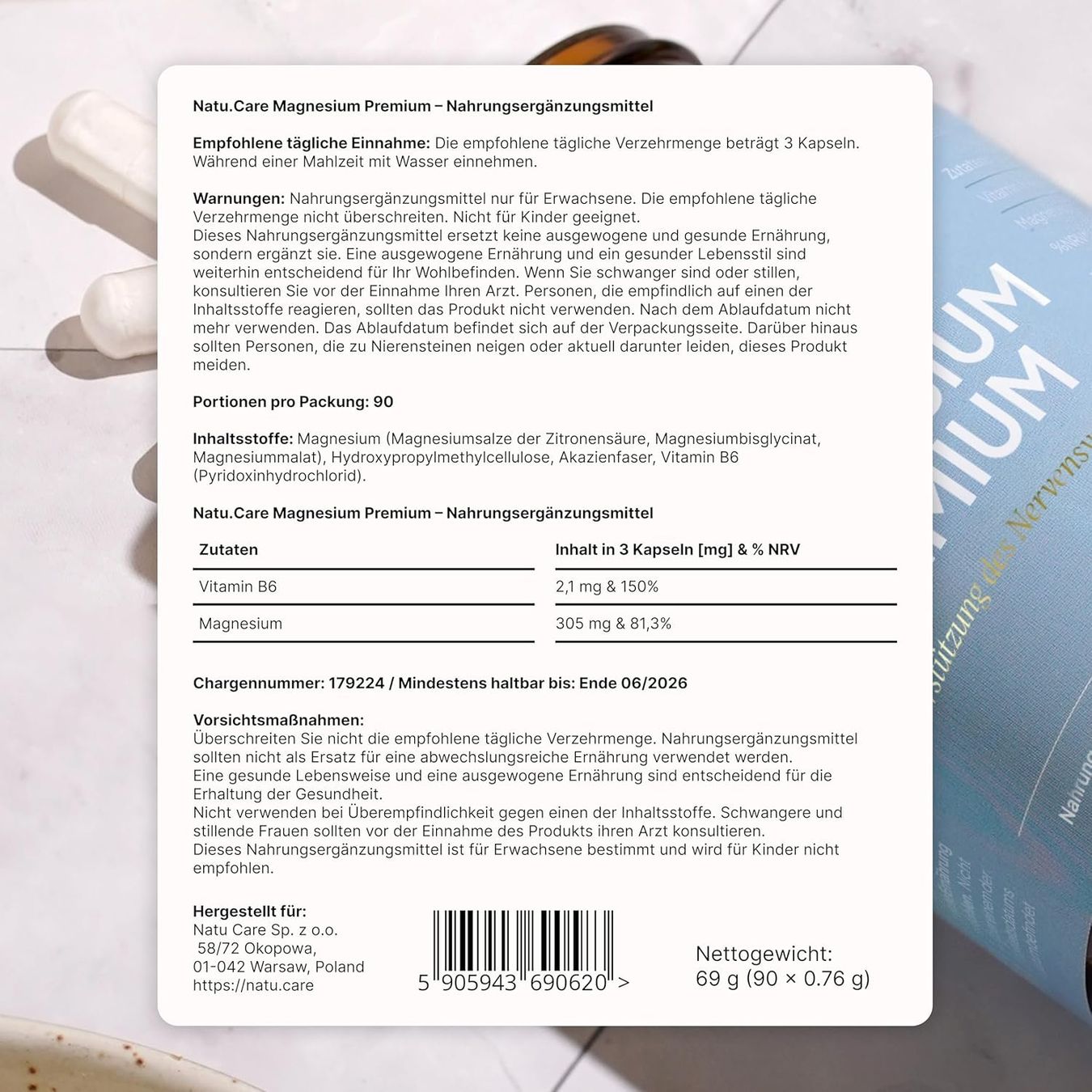 natu.care Magnesiumbisglycinat B6 90 Kapseln