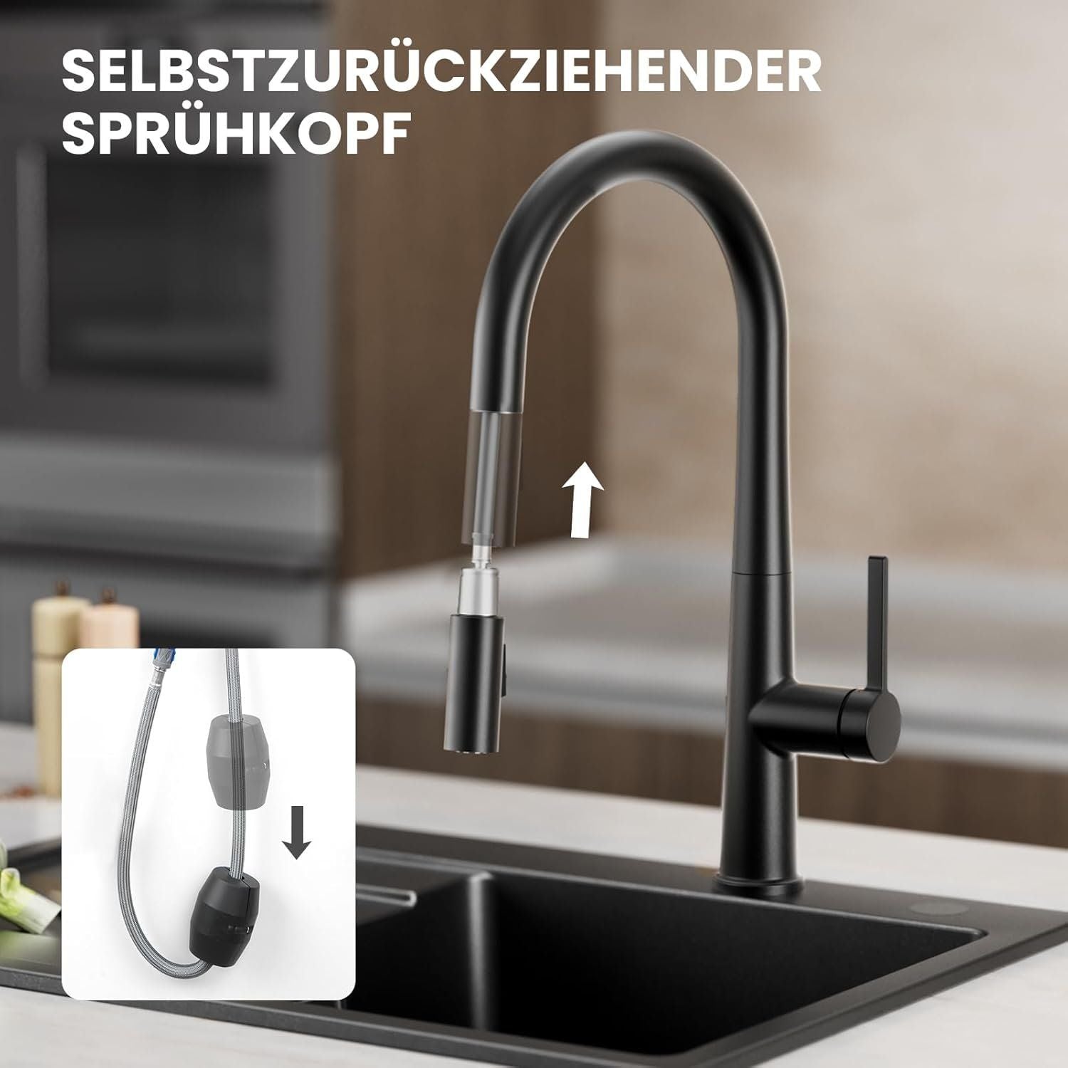 Küchenarmatur Schwarz ausziehbar 360° G3/8 – Bild 4