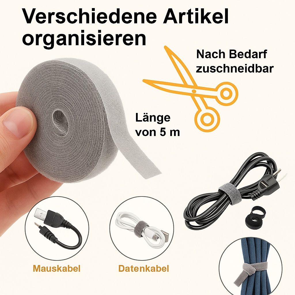 Klett-Kabelband Rolle 5m Grau – Zuschneidbar & Wiederverwendbar