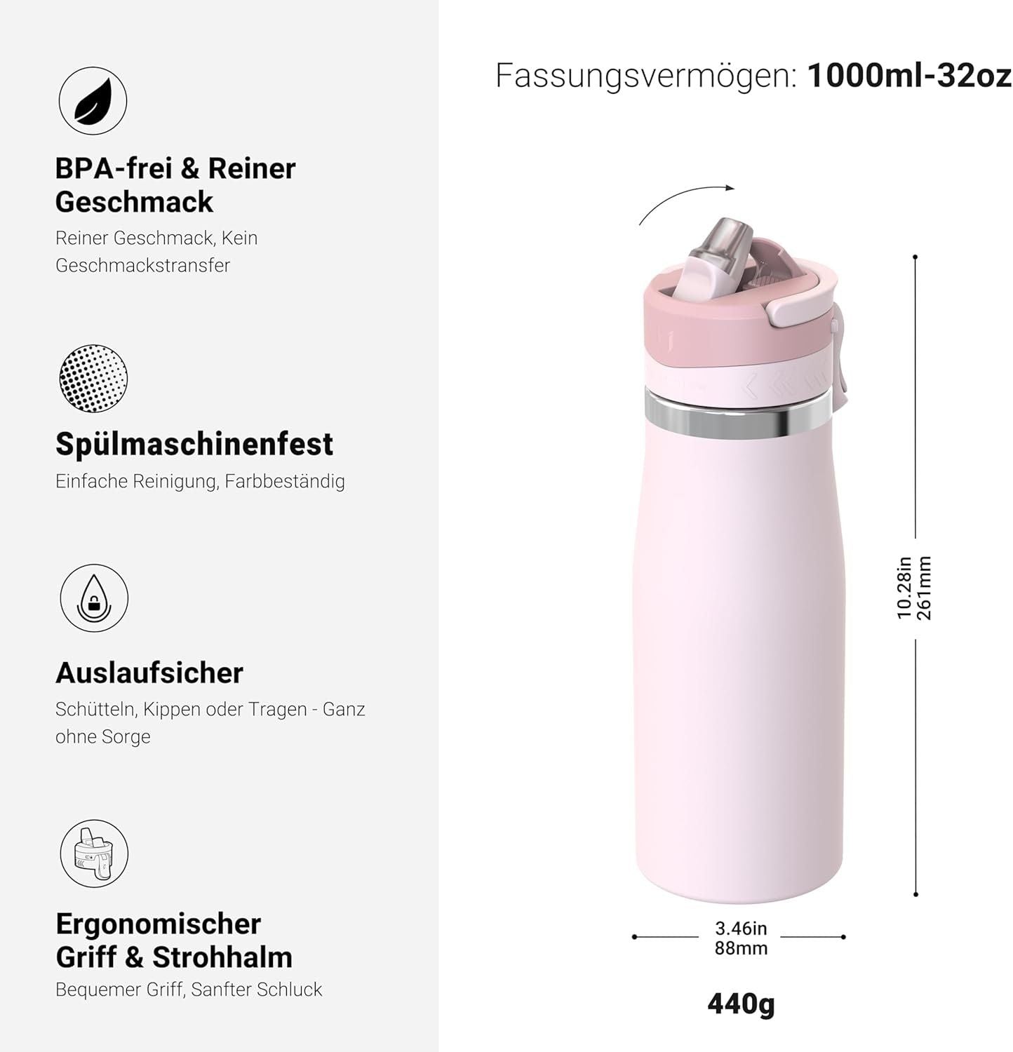 Trinkflasche Edelstahl 1L Thermo Strohhalm BPA – Bild 3