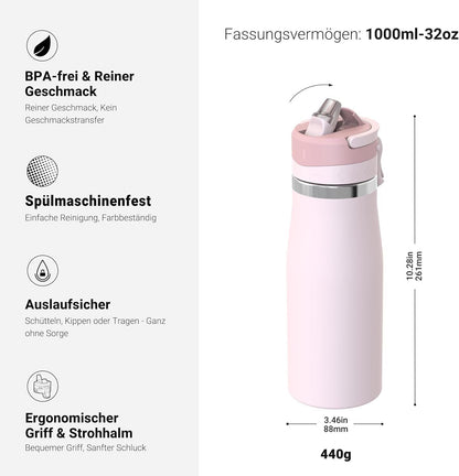 Trinkflasche Edelstahl 1L Thermo Strohhalm BPA – Bild 3