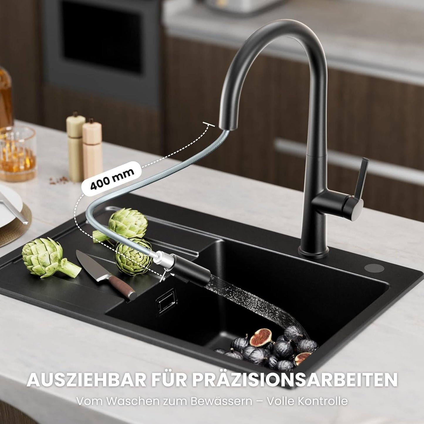 Küchenarmatur Schwarz ausziehbar 360° G3/8 – Bild 3