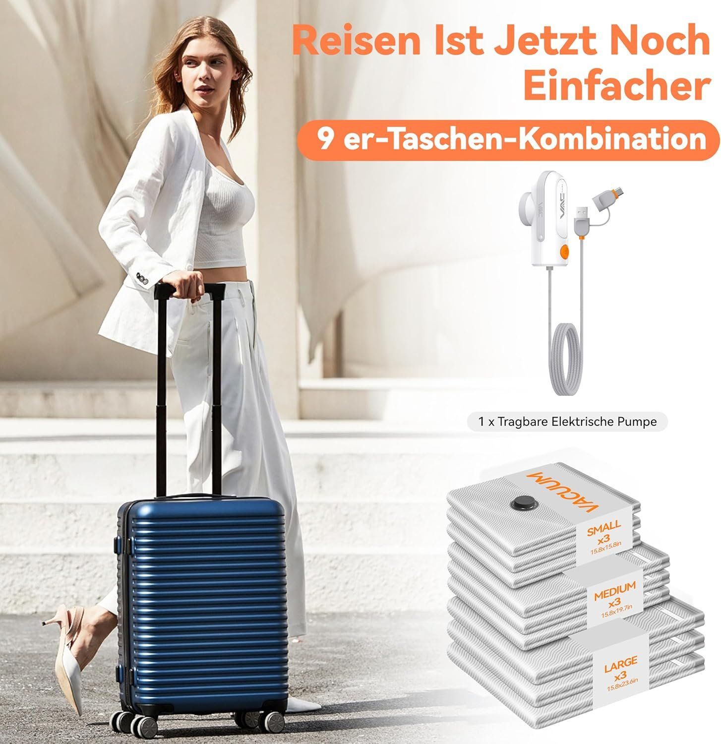 Vakuumbeutel Kleidung 9er Set USB-C Pumpe Reise – Bild 7