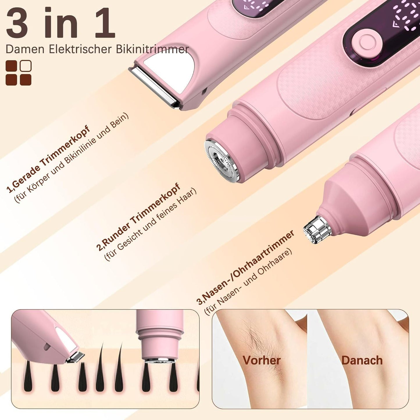 3-in-1 Damenrasierer Intimtrimmer Nass & Trocken Rosa – Bild 3