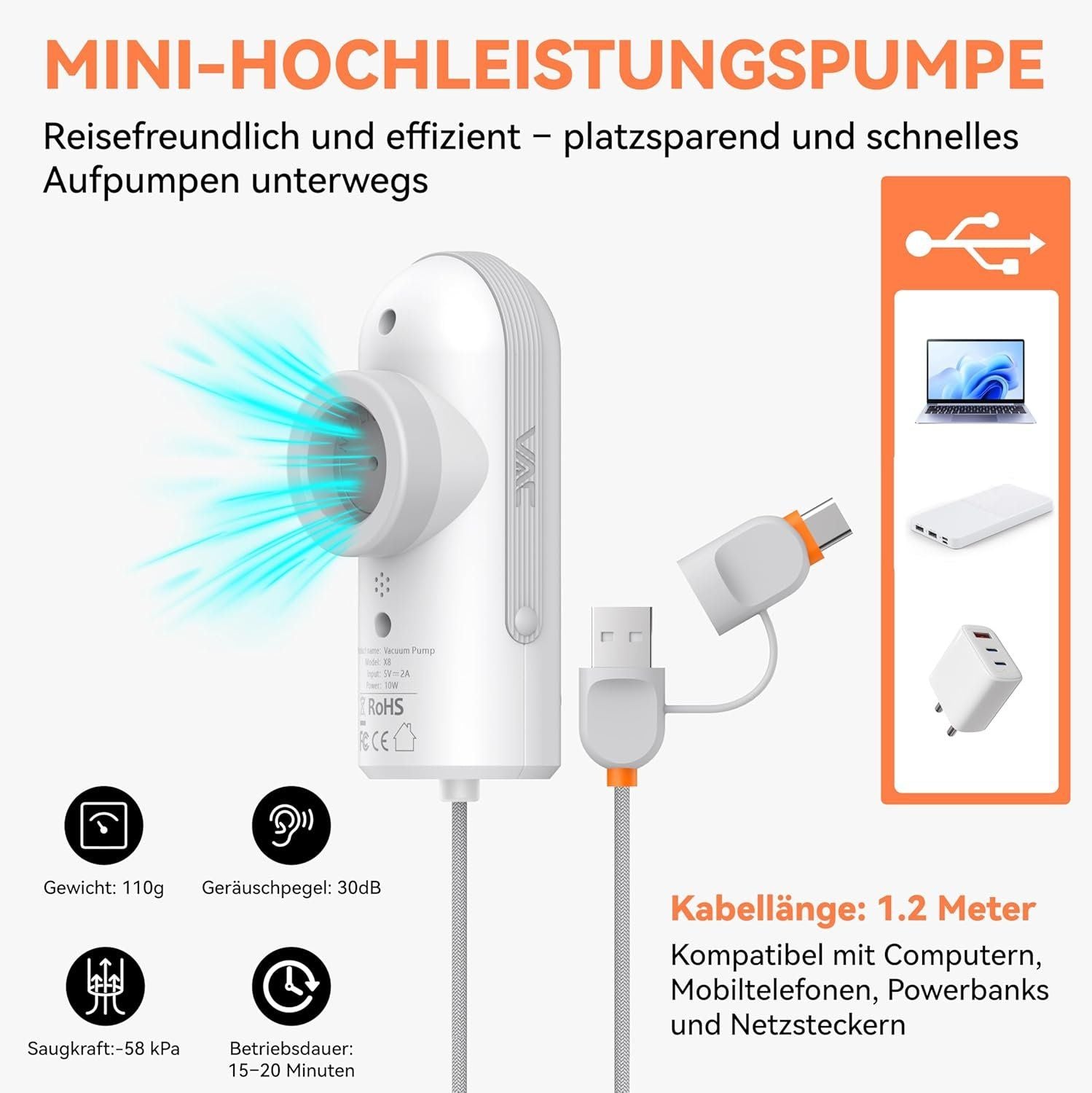Vakuumbeutel Kleidung 9er Set USB-C Pumpe Reise – Bild 5