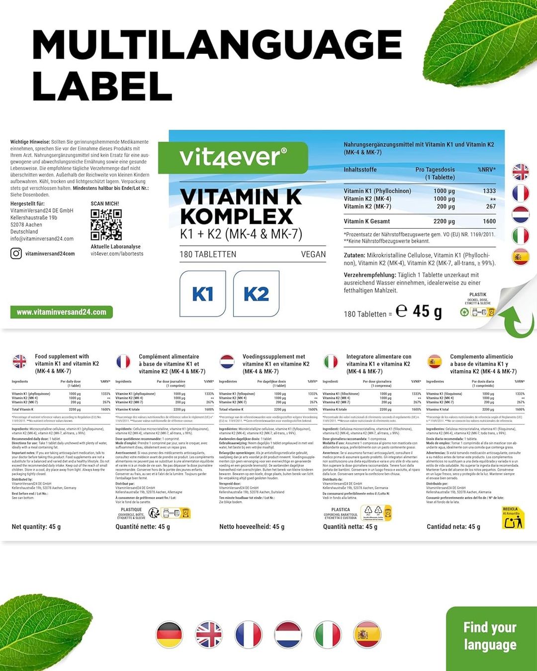 Vitamin K Komplex K1 K2 MK4 MK7 180 Tabletten