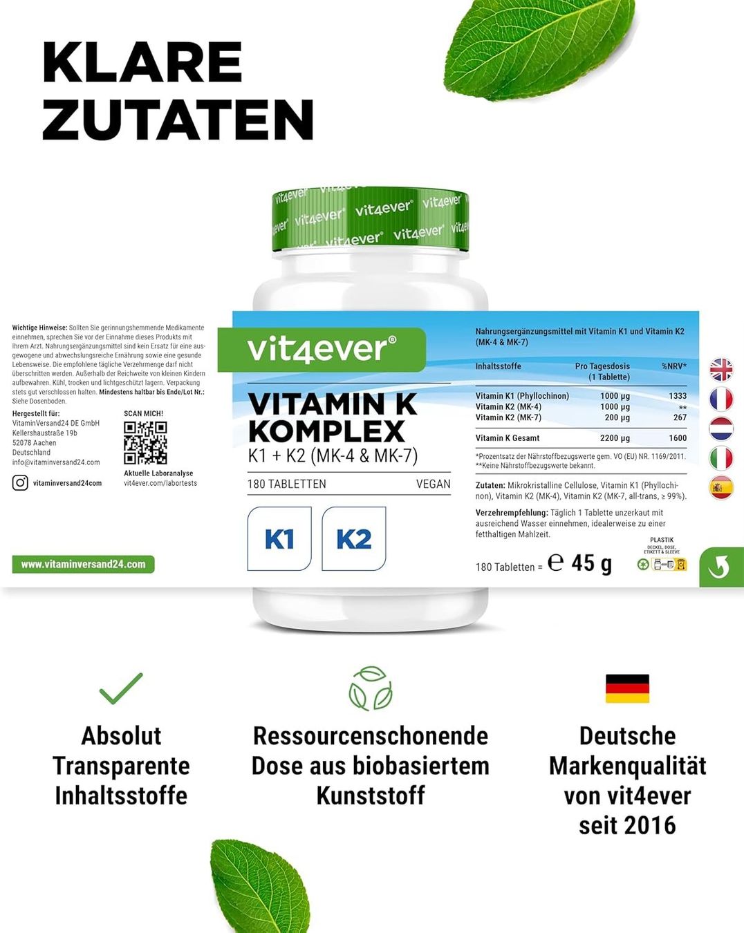 Vitamin K Komplex K1 K2 MK4 MK7 180 Tabletten