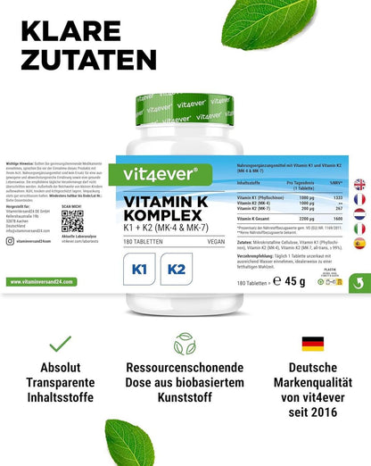 Vitamin K Komplex K1 K2 MK4 MK7 180 Tabletten