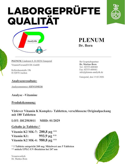 Vitamin K Komplex K1 K2 MK4 MK7 180 Tabletten