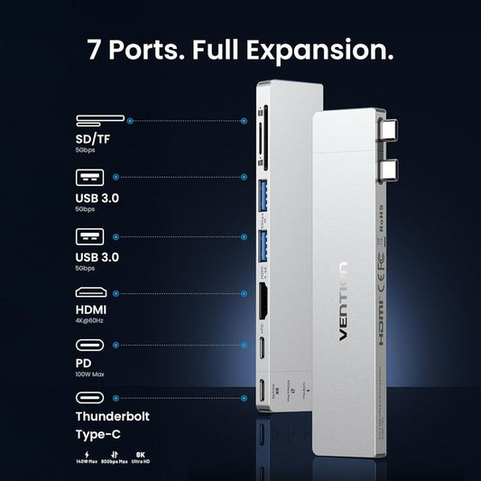 VENTION USB-C Hub 8-in-2 MacBook HDMI SD TF 140W