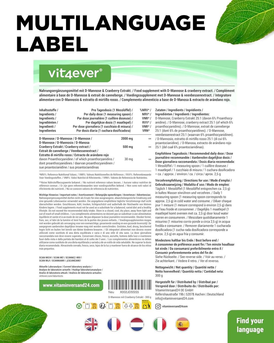 Vit4ever D-Mannose Cranberry Pulver 300g