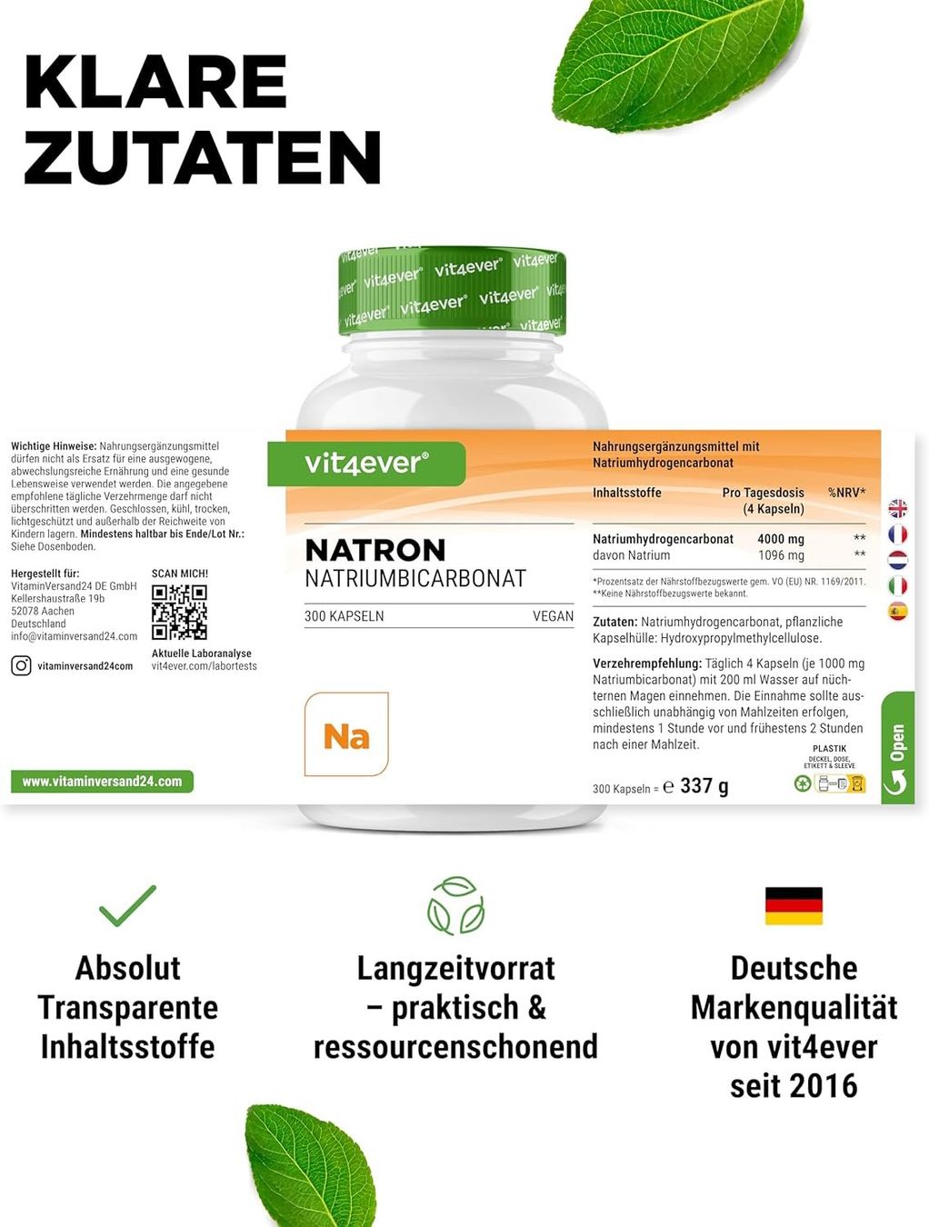 Vit4ever Natron Kapseln 1000 mg 300 Stk