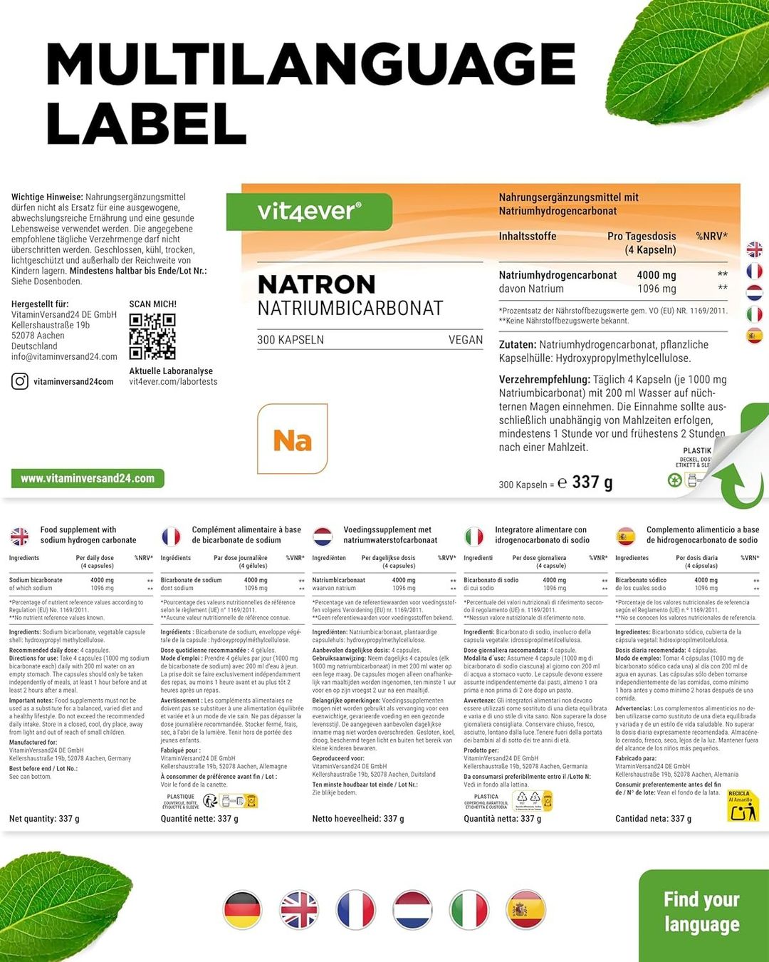 Vit4ever Natron Kapseln 1000 mg 300 Stk