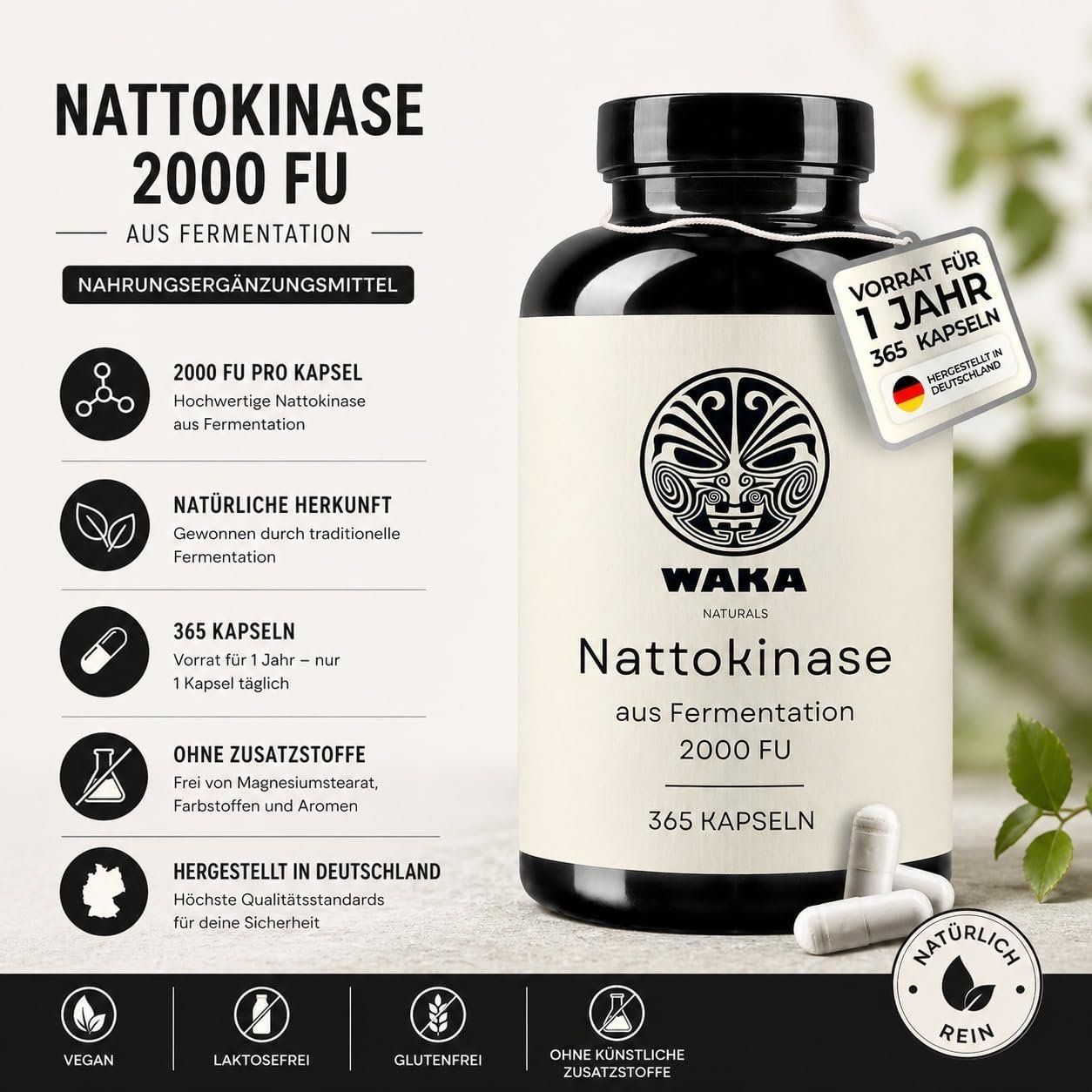 WAKA Naturals Nattokinase 365 Kapseln Produktbild 1